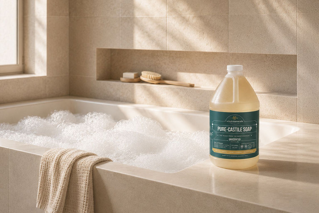 Bathtub filled with white foam in a sunlit bathroom, with a half gallon bottle of Pure-Castile Soap on the tub ledge