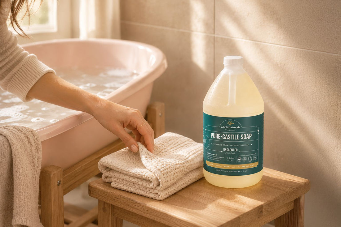 Hand reaching for a folded soft towel beside a filled bathtub, with a half gallon bottle of Pure-Castile Soap on a wooden stool