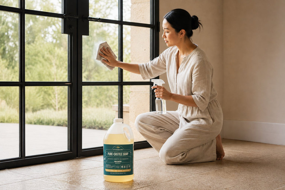 Cleaning a window with a spray bottle of diluted castile soap and a cloth, a half gallon bottle of Pure-Castile Soap on the floor beside
