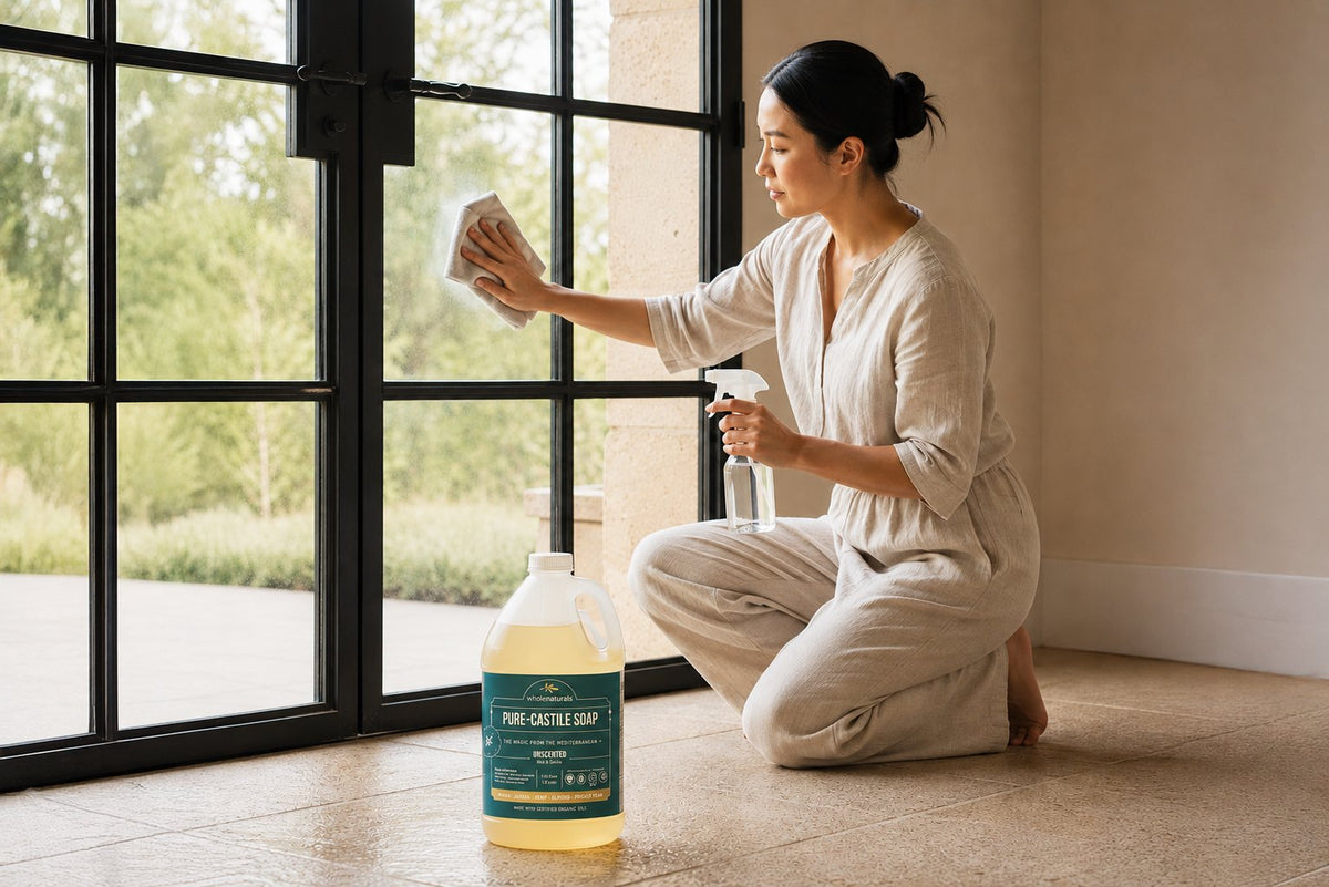 Cleaning a window with a spray bottle of diluted castile soap and a cloth, a half gallon bottle of Pure-Castile Soap on the floor beside