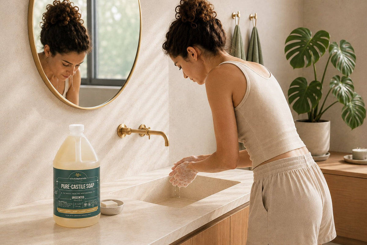 Washing the face at a bathroom sink with diluted castile soap facial cleanser, a half gallon bottle of Pure-Castile Soap on the counter