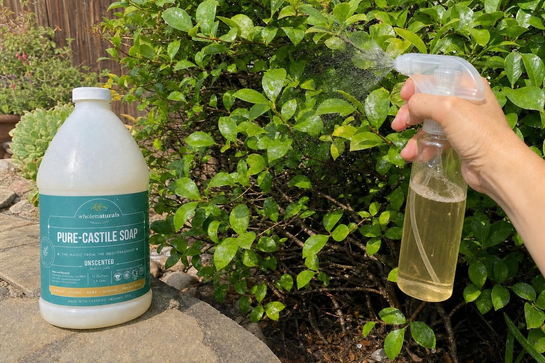 Hand spraying diluted castile soap onto garden shrub leaves, with the 64 oz bottle beside the plants