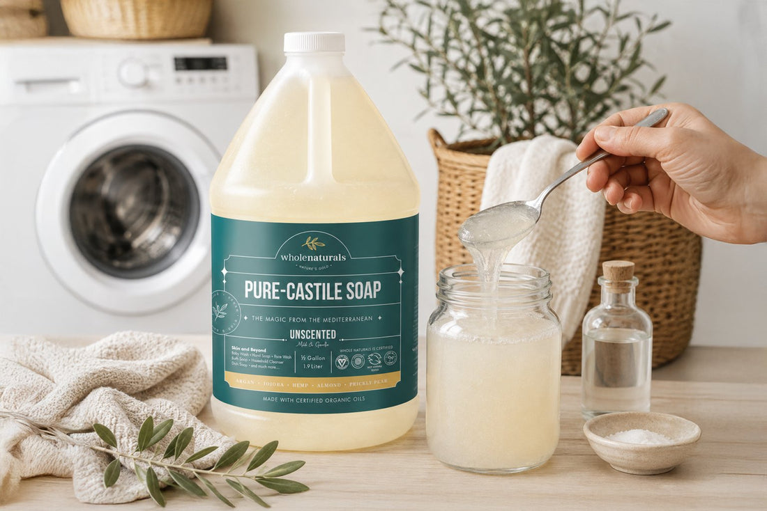 Spoonful of thickened castile soap laundry gel lifted from a wide-mouth jar, next to a half gallon bottle of Pure-Castile Soap in a laundry room