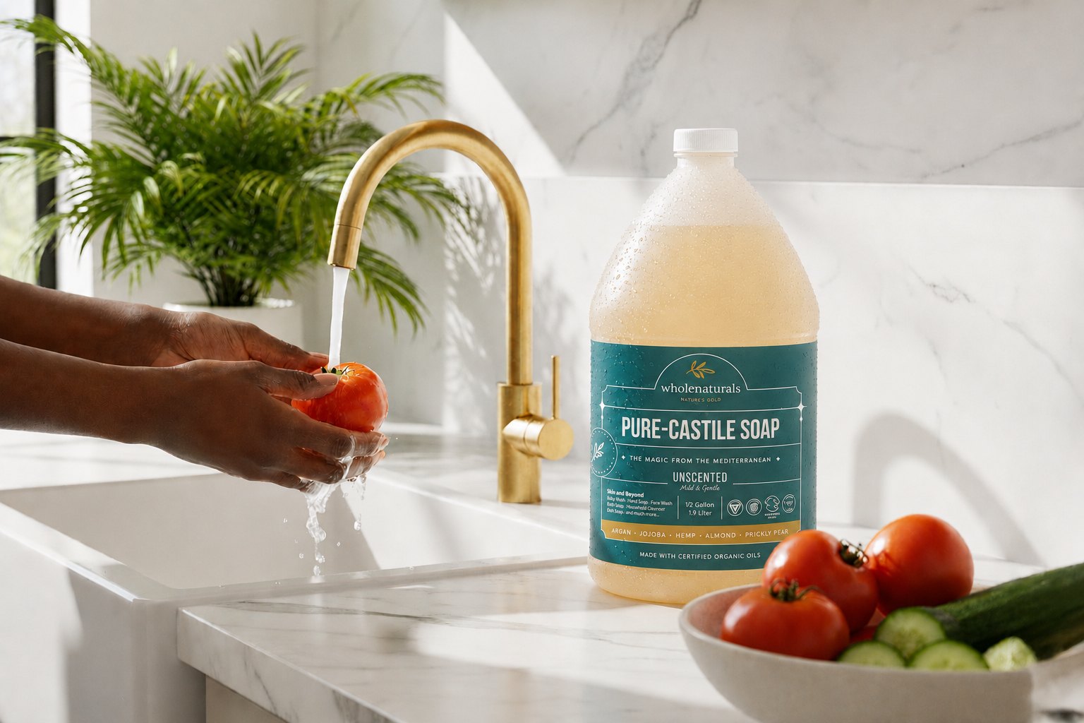 Rinsing a tomato under running water at a kitchen sink, with a half gallon bottle of Pure-Castile Soap on the counter and a bowl of tomatoes and cucumbers beside it