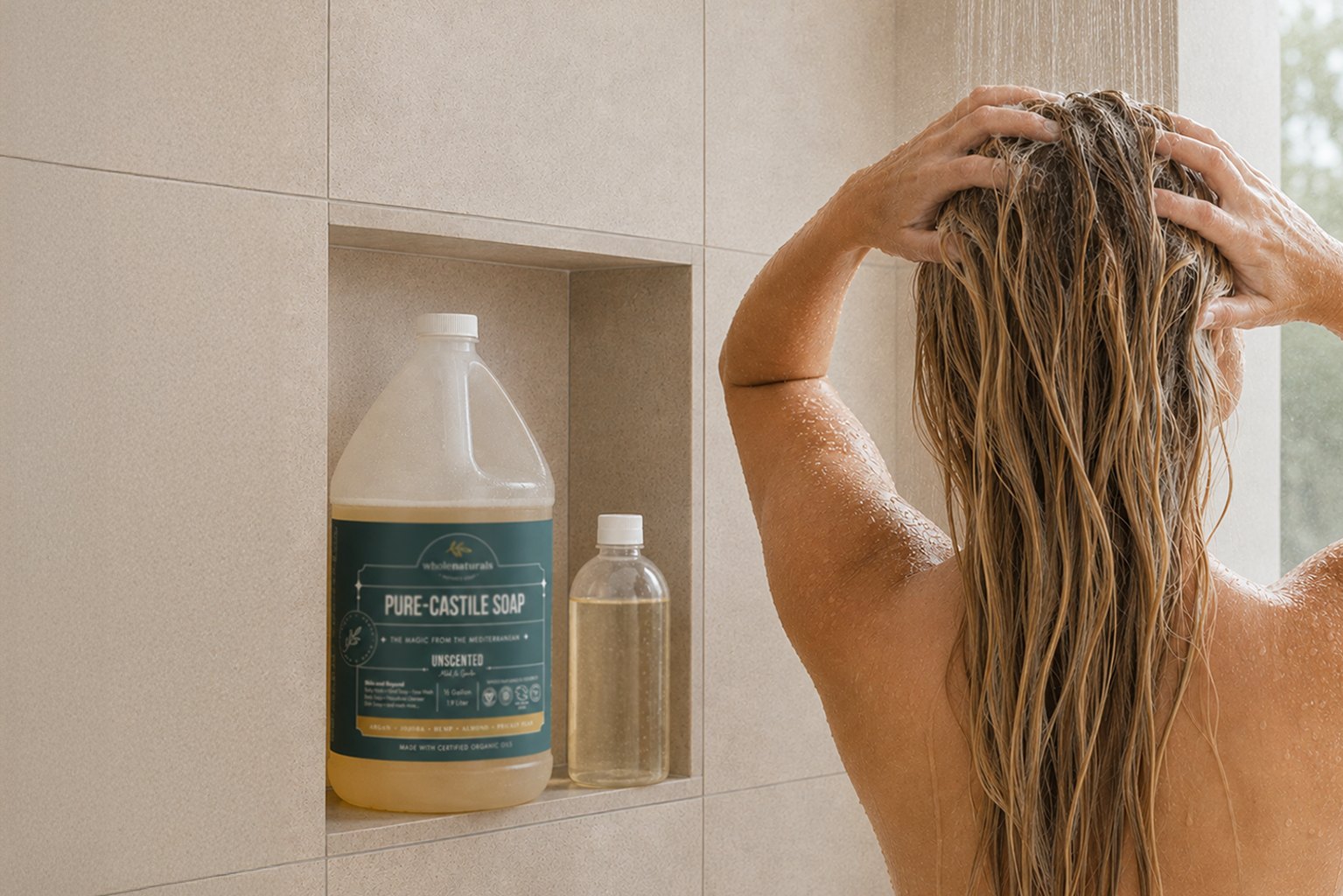 Wet hair being washed in a shower with castile soap shampoo, a small squeeze bottle of diluted soap and a half gallon bottle of Pure-Castile Soap on the shelf