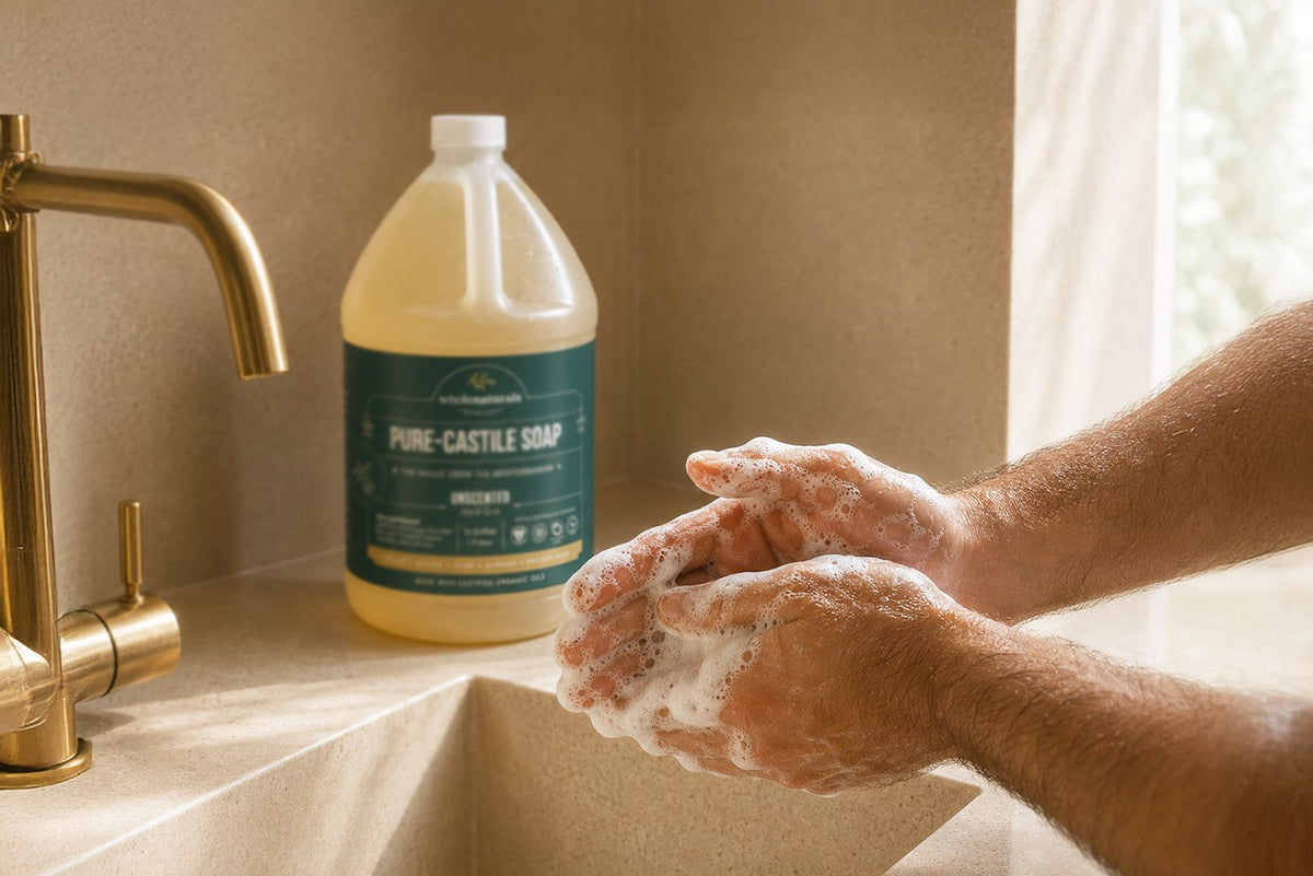 Castile soap shaving lather worked up between two wet hands over a sink, no brush and no can, with a half gallon bottle of Pure-Castile Soap behind