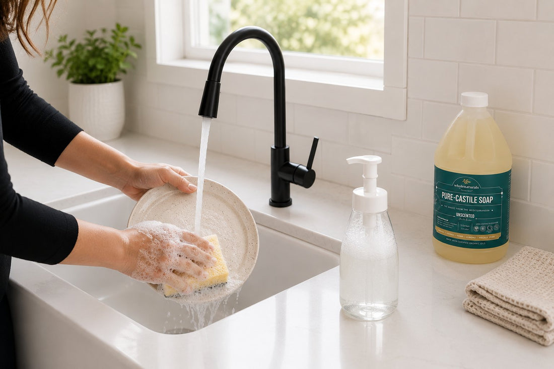 Washing a plate with a sponge and castile soap suds at a kitchen sink, a pump bottle of diluted soap and a half gallon bottle of Pure-Castile Soap on the counter