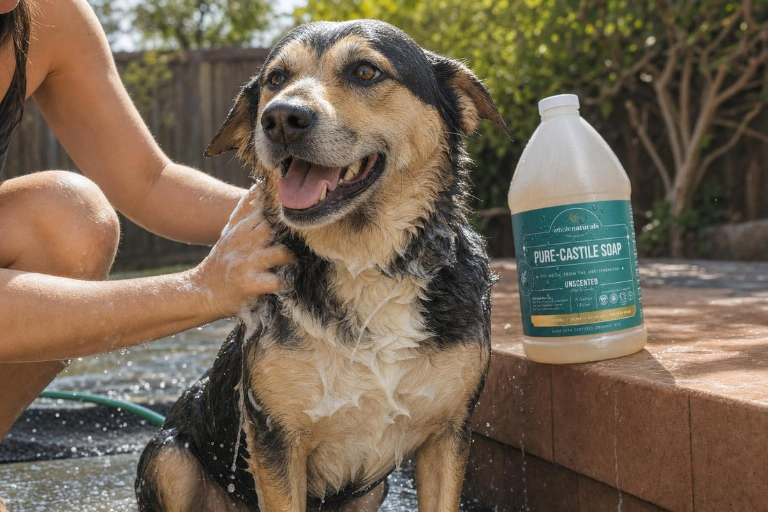 Wet dog being washed outdoors with a garden hose, next to a 64 oz bottle of Pure-Castile Soap