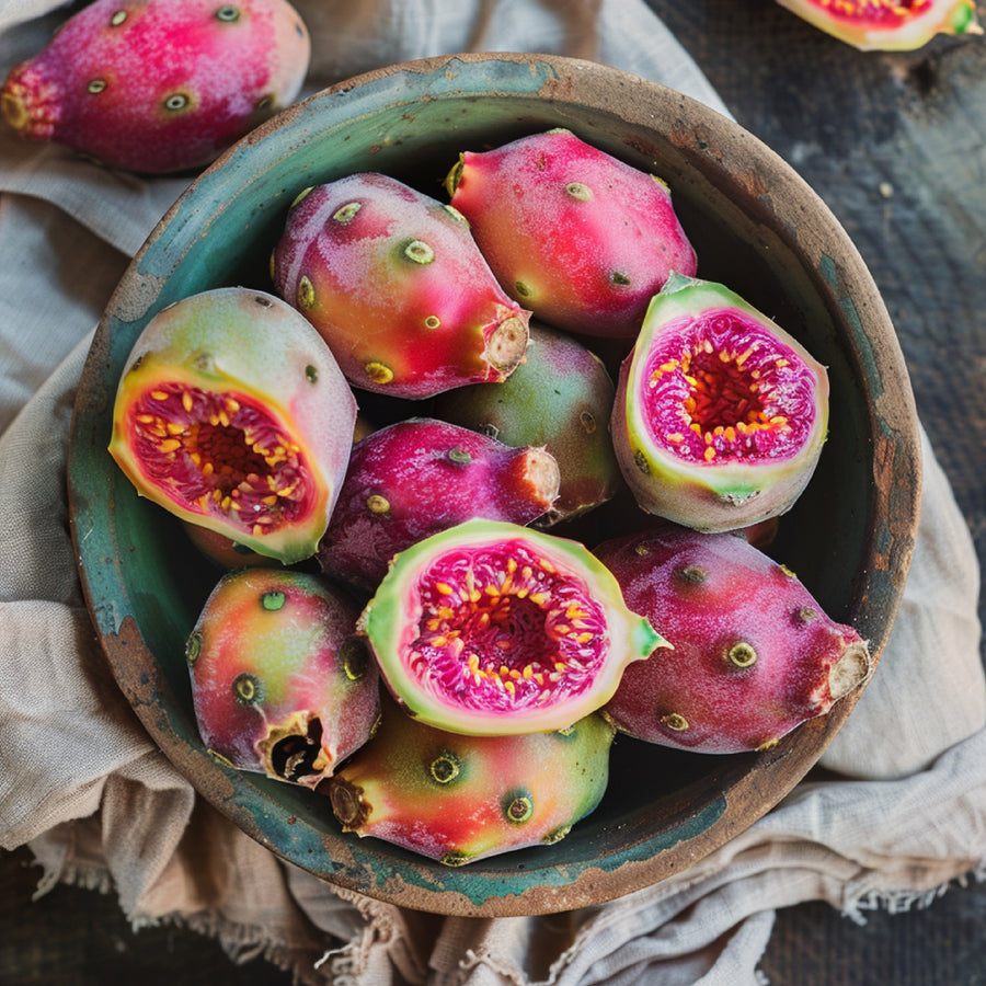 Bowl of whole and halved prickly pears on linen, one of the organic oils in Whole Naturals Pure-Castile Soap