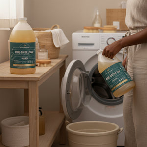 Person loading a washing machine, with bottles of Pure-Castile Soap in the laundry room