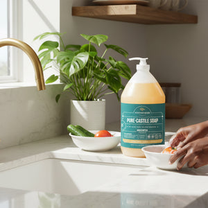Pump bottle of Pure-Castile Soap on a kitchen counter beside a bowl of washed vegetables