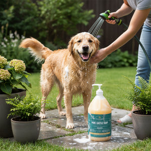 Golden retriever being rinsed outdoors with a garden hose, next to a pump bottle of Pure-Castile Soap
