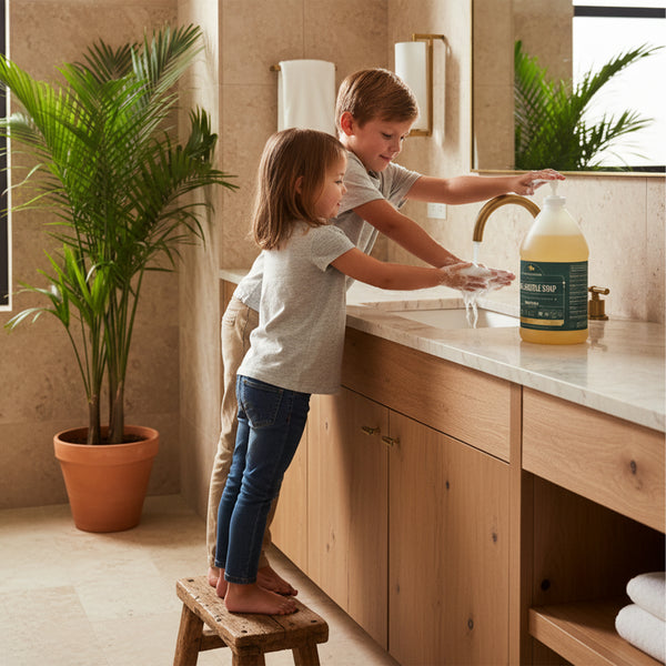 Two children washing their hands at a bathroom sink beside a bottle of Pure-Castile Soap