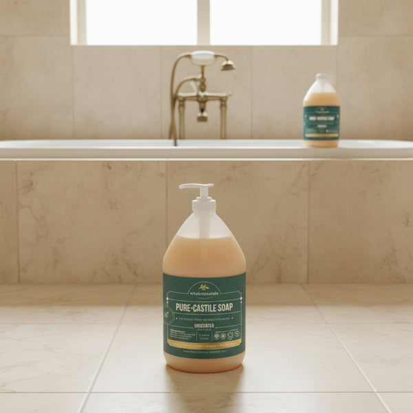 Two bottles of Pure-Castile Soap in a tiled bathroom, one with a pump on the floor and one by the bath