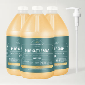 Three 64 oz bottles of Whole Naturals Pure-Castile Soap with one pump