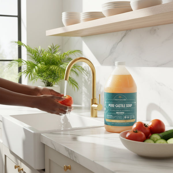 Hands rinsing a tomato under a kitchen faucet, with a 64 oz bottle of Pure-Castile Soap on the counter