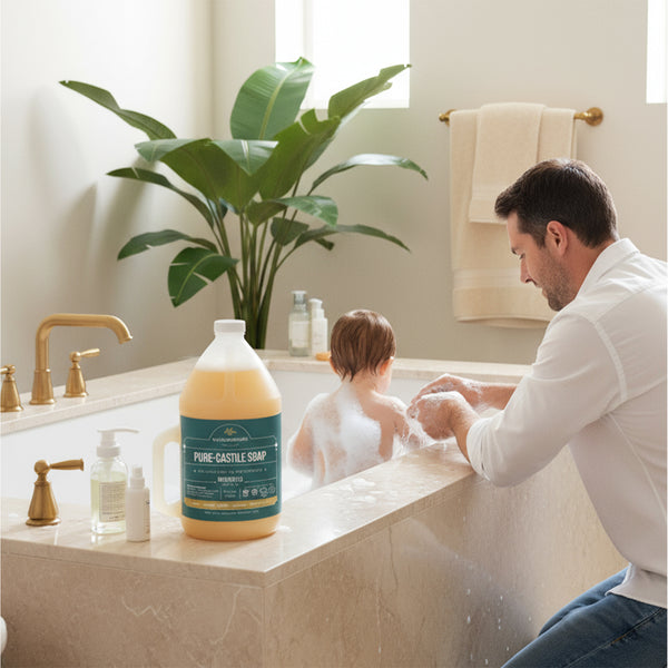 Parent bathing a toddler in a bathtub, with a 64 oz bottle of Pure-Castile Soap on the bath ledge