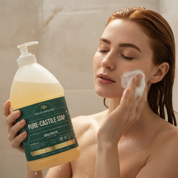 Woman washing her face in the shower, holding a pump bottle of Pure-Castile Soap