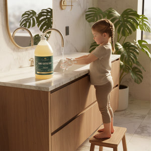 Young girl standing on a step stool to wash her hands, with a bottle of Pure-Castile Soap on the vanity