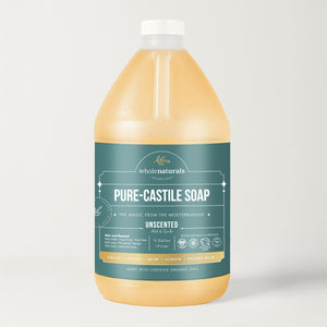 64 oz bottle of Whole Naturals unscented Pure-Castile Soap against a plain background