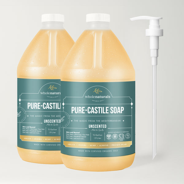 Two 64 oz bottles of Whole Naturals Pure-Castile Soap with one pump