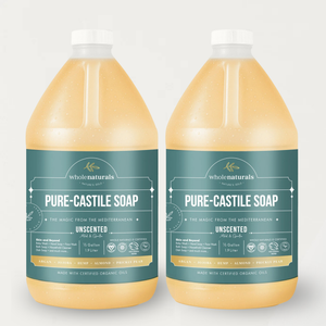Two 64 oz bottles of Whole Naturals unscented Pure-Castile Soap