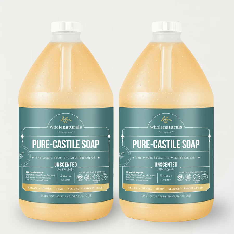 Two 64 oz bottles of Whole Naturals unscented Pure-Castile Soap