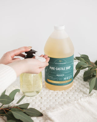 Refilling a glass pump dispenser from a 64 oz bottle of Pure-Castile Soap
